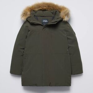 Zara Boys Khaki Water Repellent Puffer Down Parka with Faux Fur Trim